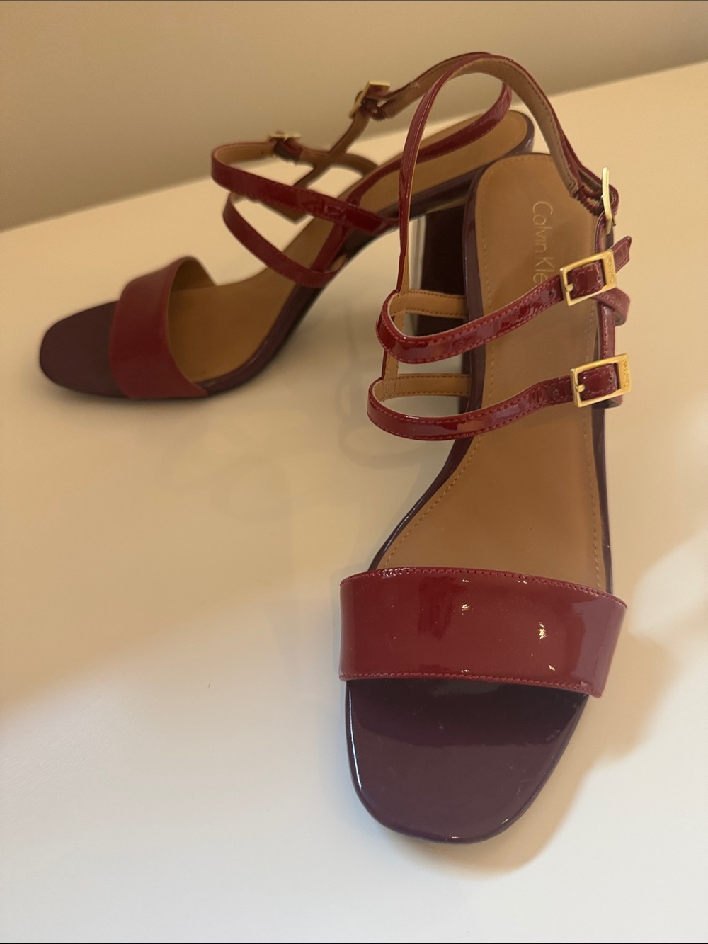 Calvin Klein Burgundy Patent Strappy Heel Sandals